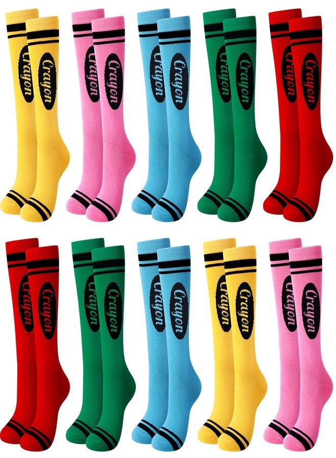 LFUTARI 10 Pairs Halloween Colorful Crayon Socks, Breathable Crayon Striped Stockings, Cozy 5 Colors Knee High Neon Socks for Back to School Halloween Costume Family Teacher Student - Image 1